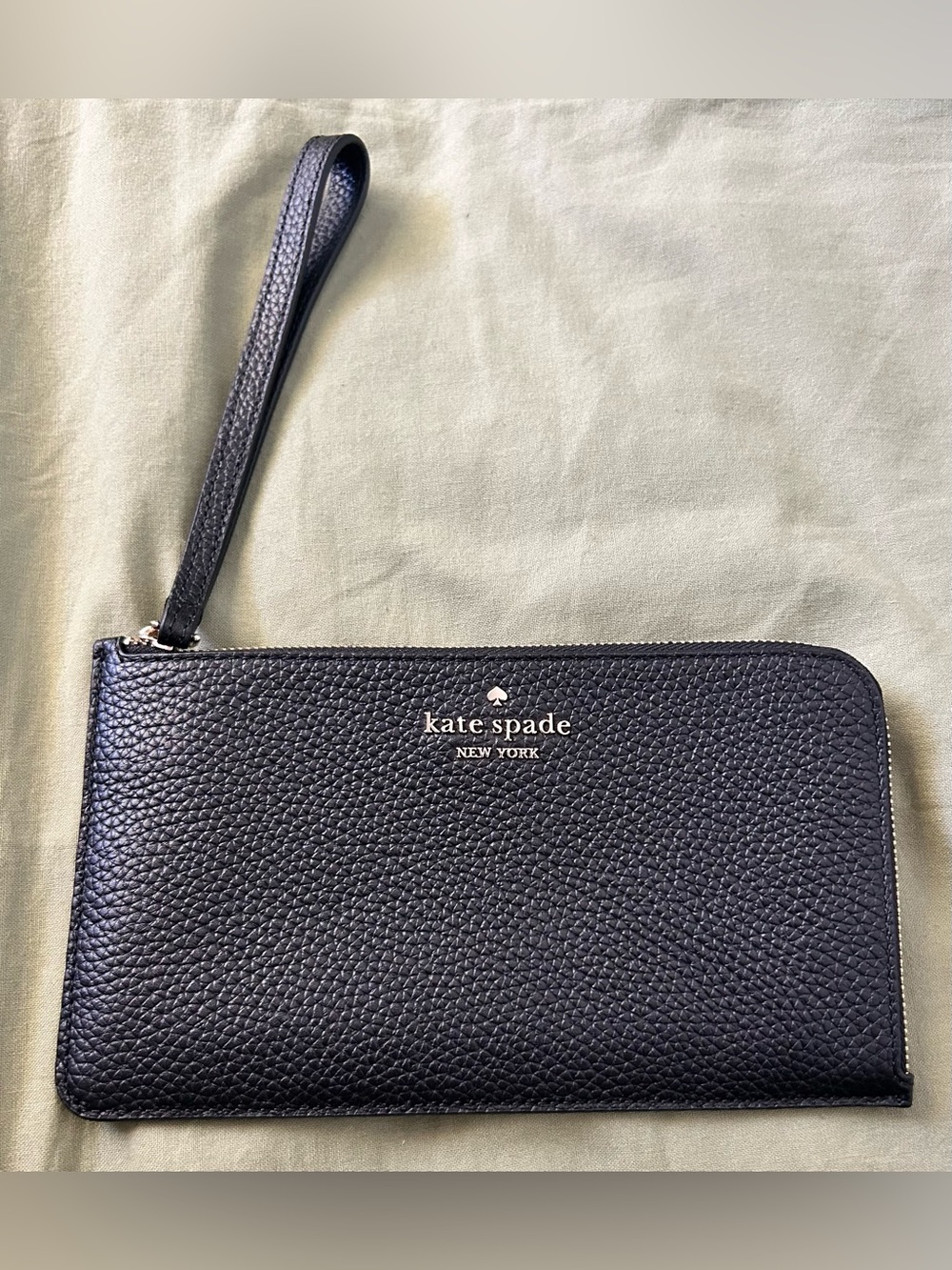kate spade Black Pebbled Leather Zip Wristlet with Gold Logo